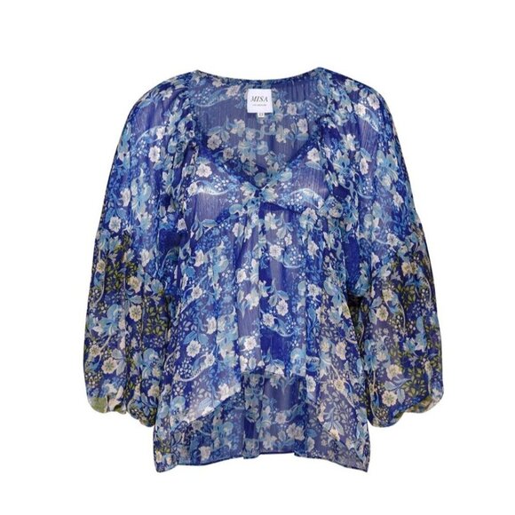 Misa Los Angeles‎ Joa Lapis Ombre Blue Floral Chiffon Blouse Multiple Sizes New - Picture 10 of 12